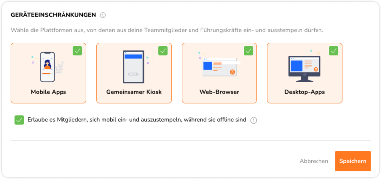 Time tracking policy settings – Device restrictions